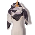 Plaid triangle scarf in beige, black, and purple knit with neon accents and tassels - Black & White (SJ6-01)