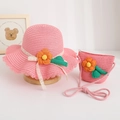 Detail of pink hand-woven children's straw hat with orange flower and matching bag - Kids One Size / Watermelon red / Hat and Bag Set