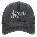 Detailed view of Mom embroidery on washed cotton baseball cap with vintage finish - Washed Grey Mom Embroidery Baseball Cap