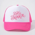 Pink and white foam trucker hat with Day Drinker print and breathable mesh back - One Size / White and Rose Red