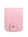 Pink faux crocodile leather mini lipstick case with a golden metal clasp on white background - Pink