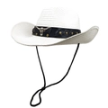 Detail of white straw cowboy hat featuring black leather band and golden bull head emblem - M (56-58cm) / Pure White