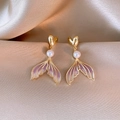 Vintage heart earrings with white pearl and purple enamel mermaid tail charm - Gold Fish Tail Gradient (84#)