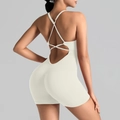 Creamy white open back yoga jumpsuit with crisscross straps and ruched butt lift detail - S / Top And Bottom / Cream