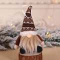 Christmas gnome ornament with brown patterned knit hat and long faux fur beard - Sitting Doll Hanging / Brown