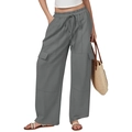 Women's dark grey cotton linen wide leg cargo pants with drawstring and flap pockets - S / Dark Gray