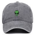 Detailed front view of a grey washed cotton baseball cap with green alien embroidery - Gray