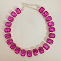 Pink rectangular crystal gemstone necklace with silver settings and adjustable chain - Rose Red
