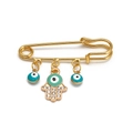 Golden Hamsa hand brooch with blue evil eye beads and sparkling crystals on a safety pin - Pin with Rhinestone Hamsa and Blue Evil Eyes
