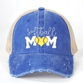 Distressed blue Softball MOM trucker hat with breathable mesh and washed denim finish - One Size / Royal Blue