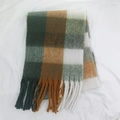Green and brown plaid mohair scarf with soft fringe tassels for winter warmth - Style 39 Pink Flamingo