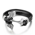 Men's multi-layer black braided leather bracelet with silver anchor and wing clasp - Silver Anchor Wings Three-layer Black Leather (KB79597-BD)