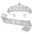 Sparkling silver rhinestone birthday tiara set with Birthday Girl glitter sash for party - Crown with Comb + Sash / Silver
