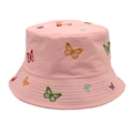 Close-up of pink bucket hat featuring colorful butterfly embroidery and cotton fabric texture - M (56-58cm) / Pink
