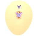 Detailed view of silver butterfly belly ring with purple enamel on skin model - Purple