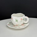 Hand-painted tulip flower ceramic coffee cup and saucer set with irregular handmade shape - Small Pink Flower Cup & Saucer