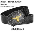 Detail of 3.8cm western cowboy belt featuring embossed leather and bull head buckle - Black Silver Buckle (Bull Head)