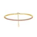 Elegant gold-plated S925 silver bracelet featuring pink cubic zirconia stones and extension chain - Machine-made Tennis Chain 2mm Powdered Zirconium Electroplated 14k Gold Approx. 3.62g.