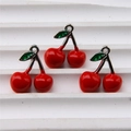 Miniature red cherry charm pendant for DIY bracelets with green leaves and silver alloy ring - Style 47 Large Single Leaf