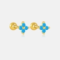 Macro detail of S925 silver clover earrings in gold with light blue gemstones and backings - 925 Silver / Gold (Turquoise Color Stone)