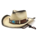 Vintage straw cowboy sun hat with turquoise bead band and turquoise chin strap detail - M(56-58cm) / Beige Gradient Scorched Style (2)