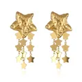 Detail of 18k gold plated star earrings featuring hammered textures and layered tassels - Star Tassel (EA2151 Style 5)
