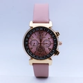 Pink faux leather fashion watch for women with golden H-shaped case and quartz movement - Gold with Pink Strap