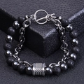 Men's double-layer volcanic lava stone and stainless steel bracelet with rugby charm - Lava Rock + Magnetic Hematite (Silver Chain)