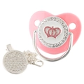Detail of pink crown pacifier with sparkling rhinestones and silver clip chain - Pink Silver Crown