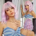 Pink and lilac ombre wavy wig for women with bangs and natural water wave texture - Pink Purple