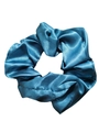Blue satin silk scrunchie with a glossy finish and pleated design for women hair - Blue
