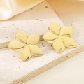 Macro detail of 18K gold stainless steel flower earrings with brushed texture - Gold Plumeria Style (KE114308-KFC)