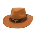 Classic camel wool felt cowboy hat featuring a silver bull head emblem and leather band - One Size / Camel (Bull Head Patchwork)