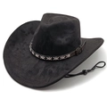 Black suede western cowboy hat with wide brim, leather band, and adjustable wind rope - M / Black