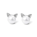 Minimalist cat ear stud earrings featuring white round pearls and silver metal accents - White Gold Plated Copper / Cat Ear Pearl Stud Earrings