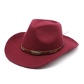 Detailed view of the burgundy wool cowboy hat with decorated brown leather belt - M (56-58cm) / Burgundy