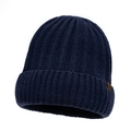 Men's navy blue ribbed knit beanie with stylish brown leather side patch for winter - Navy Blue