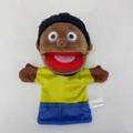 Brown skin boy hand puppet with black hair, yellow shirt and blue pants for kids - Black Son