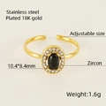 18K gold plated stainless steel adjustable ring with black oval zircon and crystal halo - Adjustable Open / Black Zirconia