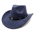 Detail eines dunkelblauen Wildleder-Cowboyhuts mit nietenbesetztem Lederband und Strass - M (56-58cm) / Marineblau