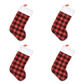 Lot de 4 chaussettes de Noël à carreaux rouges et noirs avec bordure en fausse fourrure - Lot de 4 grandes chaussettes à carreaux rouges et noirs