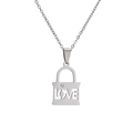 Silver stainless steel music note lock necklace with LOVE cutout and crystal accent - Silver Hollow LOVE Lock