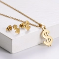 Golden dollar sign necklace and earrings set made of polished stainless steel - Dollar Sign Necklace And Earrings Set / Gold