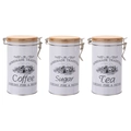 Barattoli da cucina in latta bianca con coperchi in legno e fibbie per caffè, tè e zucchero - Set da 3 Pezzi (Caffè/Zucchero/Tè)