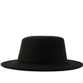 Elegant black faux wool boater hat with a flat top and classic wide brim for autumn - M (56-58cm) / Black
