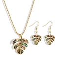 Tropical monstera leaf jewelry set with natural abalone shell in gold necklace and earrings - Gold