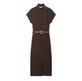 Dunkelbraunes Midikleid mit Goldknöpfen und Kunstschlangenledergürtel auf Ghost-Mannequin - XS / Kaffeebraun