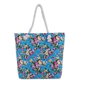 Blue floral canvas tote bag with pink rose prints and white rope handles on white background - Green Rose