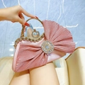 Pink pleated satin evening bag with crystal brooch and rhinestone handle - Pink