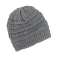Close-up of medium grey knitted beanie featuring coarse knit texture and ribbed cuff detail - Gray